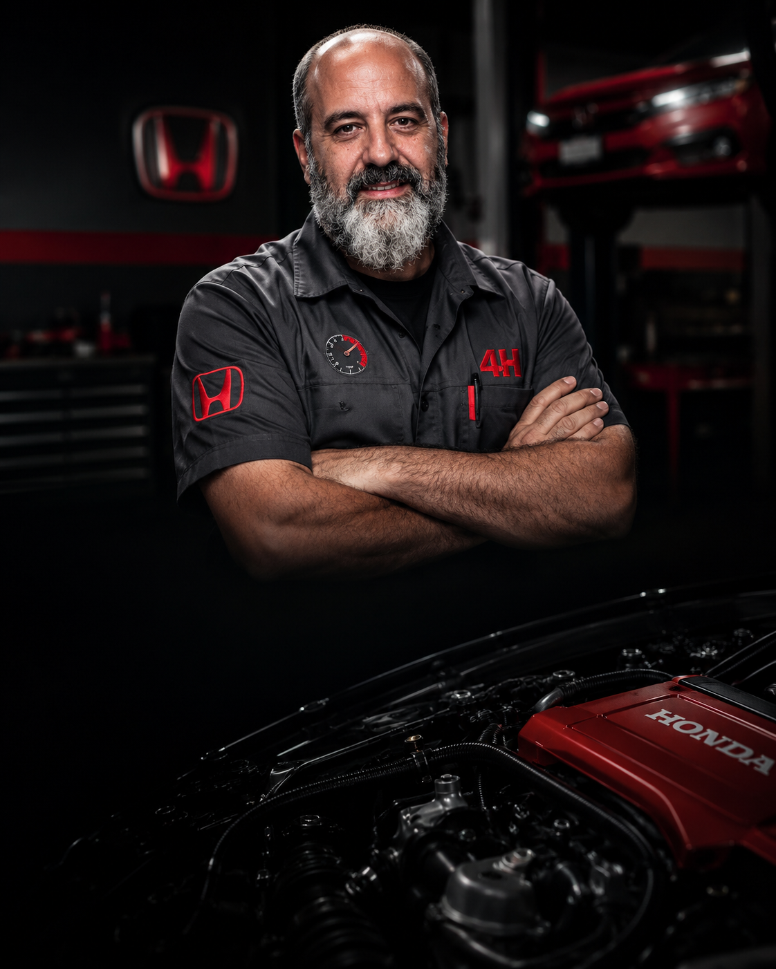 Especialista Maurício utilizando scanner de diagnóstico avançado em motor Honda na 4H Oficina.