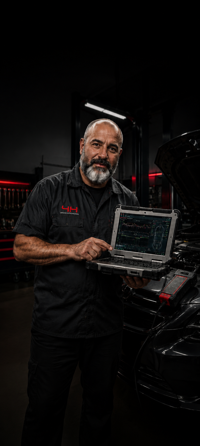 Especialista Maurício utilizando scanner de diagnóstico avançado em motor Honda na 4H Oficina.